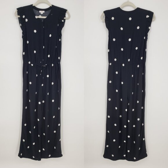 3/$25 LOFT Polka Dot Jumpsuit Pants XS Sleeveless Ruffle Trim Black - Picture 1 of 10